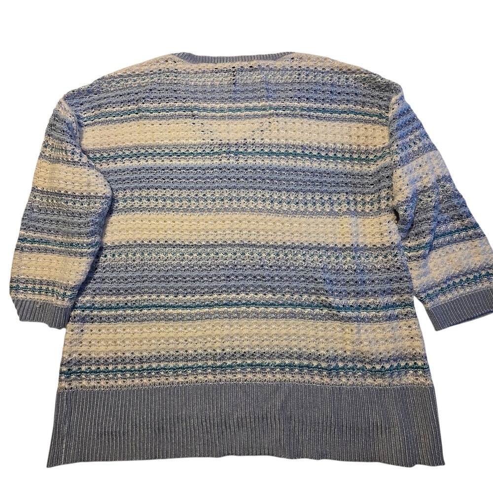 WHBM V-Neck Sweater Women M Blue Striped Good Open Knit 3/4 Sleeve Pullover - Picture 5 of 11